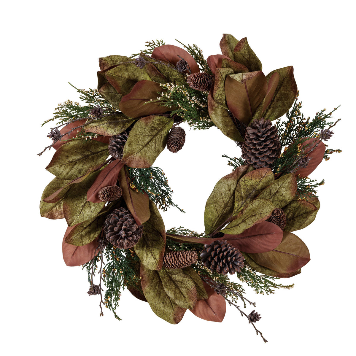Faux Magnolia & Juniper Wreath w/Pinecones, Green