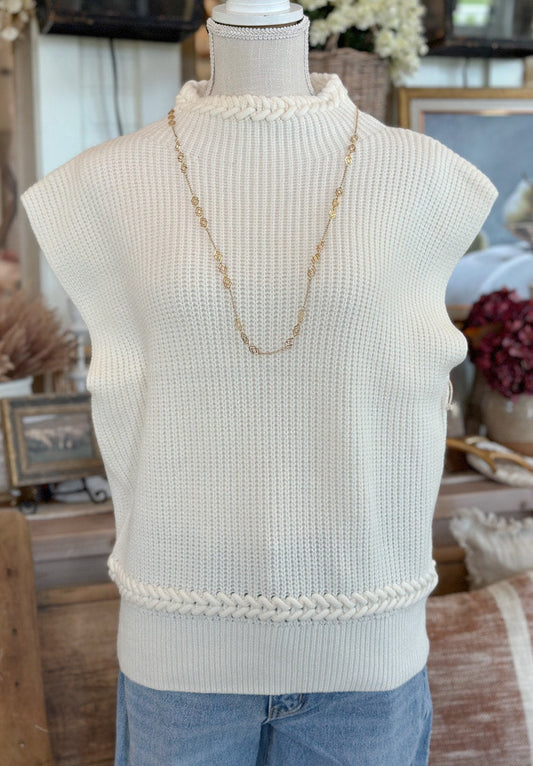 Braided Trim Sleeveless Sweater - Ivory