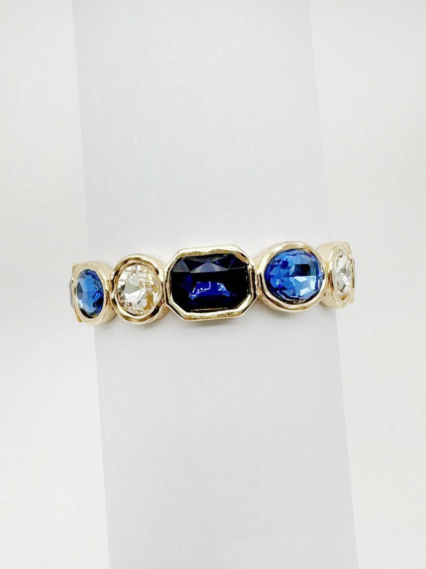 Gold with Blue and Clear Crystals Stretch Bracelet