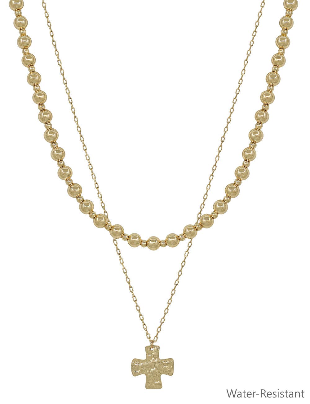 Water Resistant Gold Layered 4mm Beaded and Hammered Gold Cross 16"-18" Necklace
