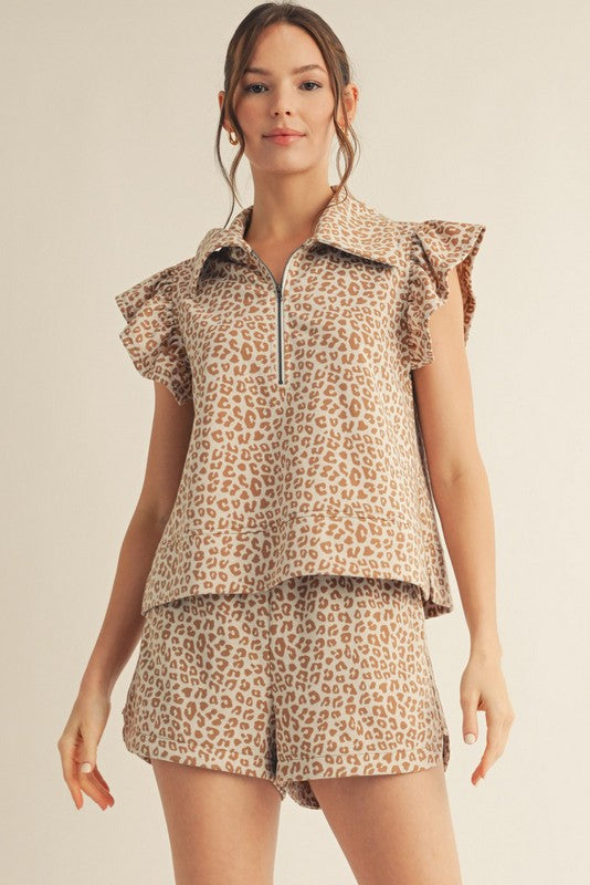 Leopard Print Ruffled Sleeve Set