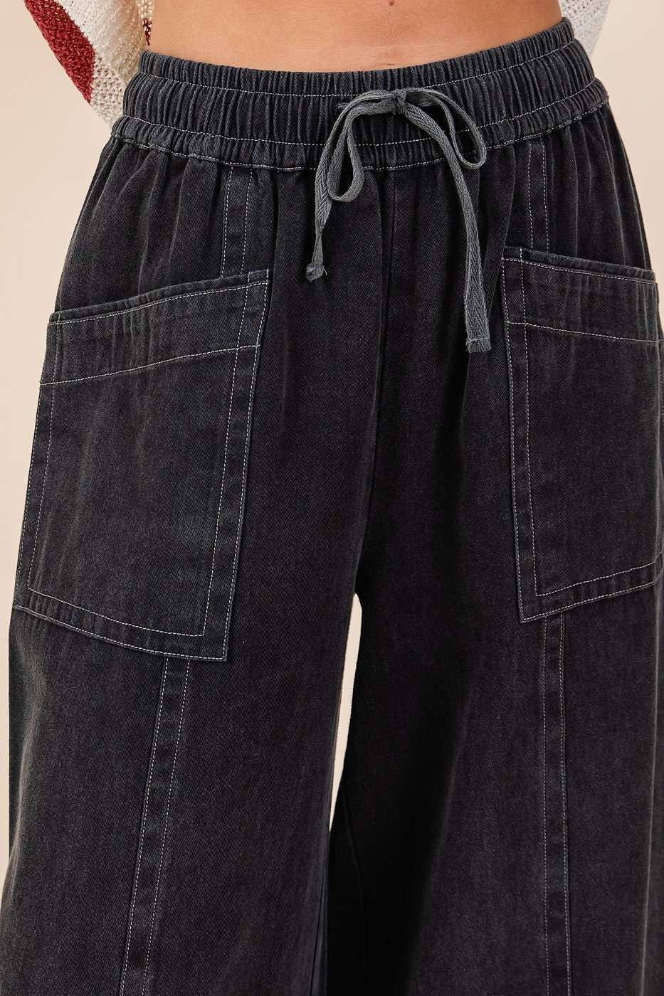 MINERAL WASH WIDE LEG ELASTIC WAIST TWILL PANTS: RED BEAN, S-M-L(2-2-2)