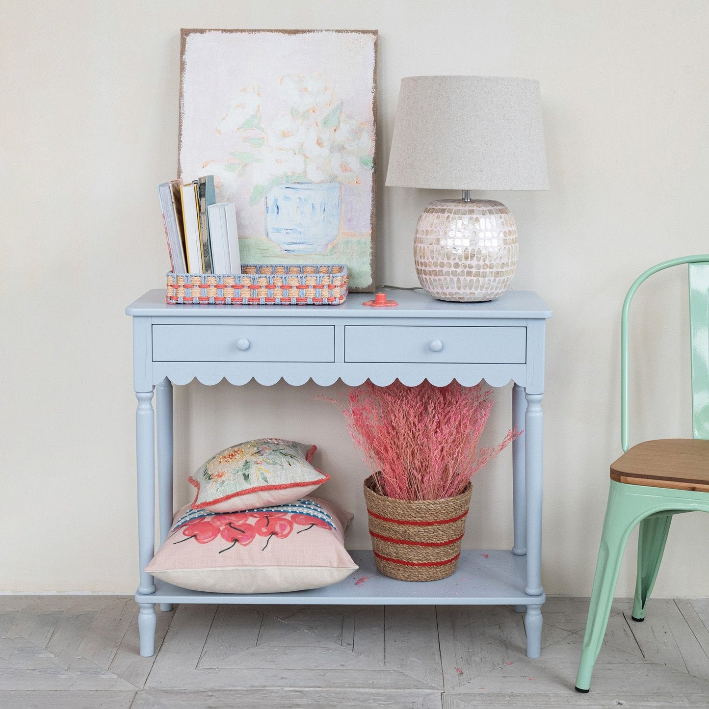 Wood Scalloped Console Table with 2 Drawers & 1 Shelf, Blue