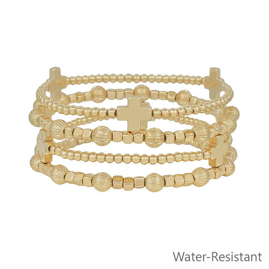 Water Resistant Gold Beaded with Cross Set of 4 Stretch Bracelets