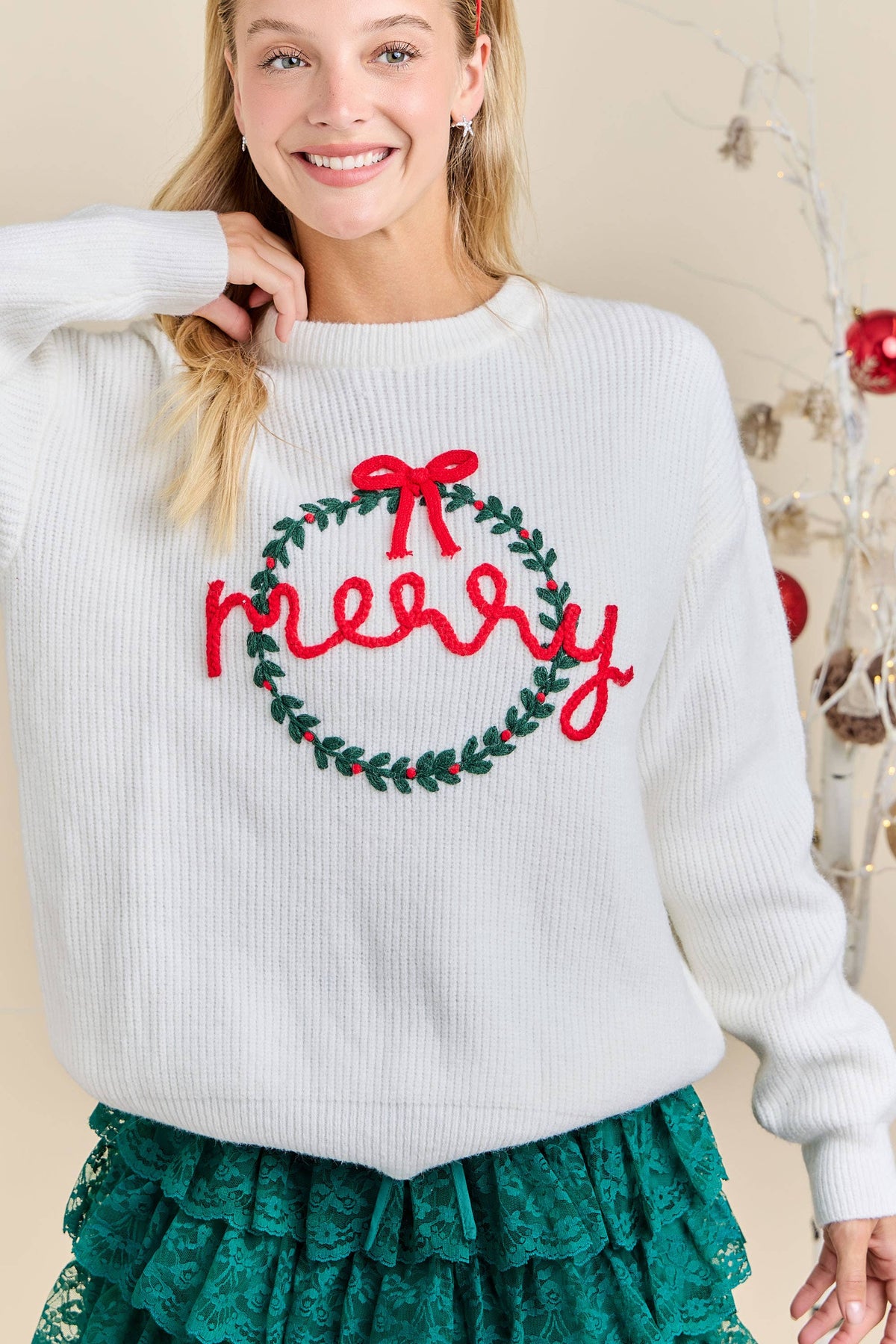 Merry Wreath Knit Sweater with Red Bow