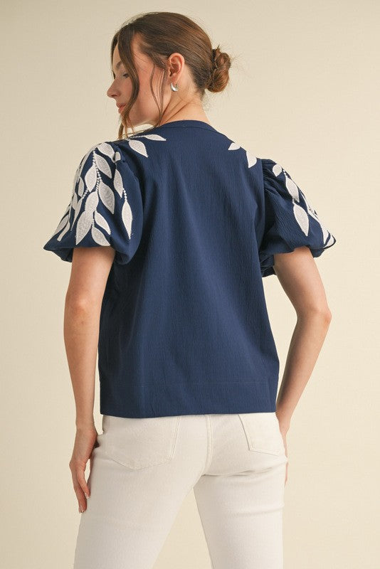 Navy Leaf Embroidered Puffed Sleeves Top