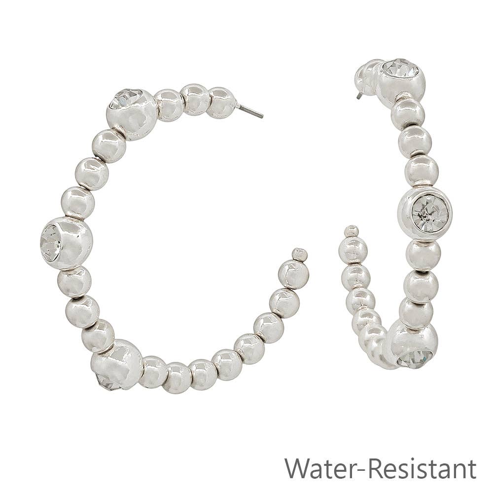 Silver Beaded Hoop with Crystal Accents 2" Earring