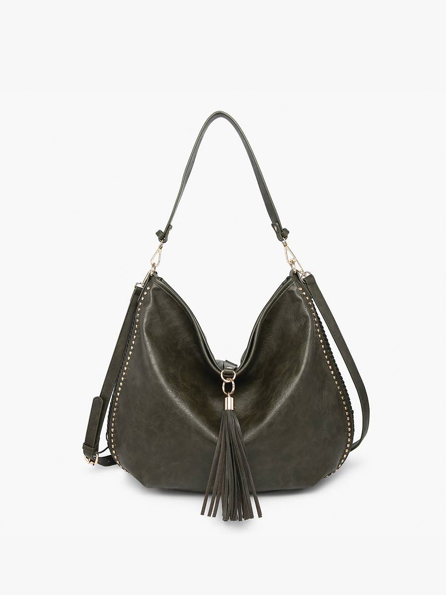 Demi Distressed Slouchy Hobo w/ Tassel: Dark Olive