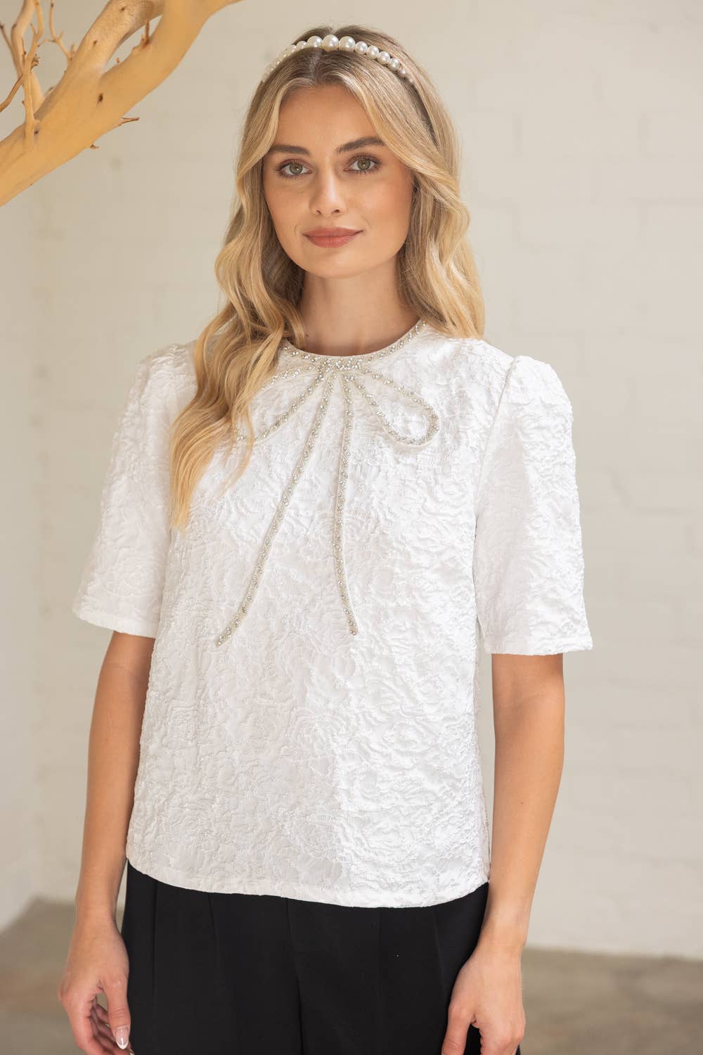 Rhinestone Bow Shape Floral Jacquard Top