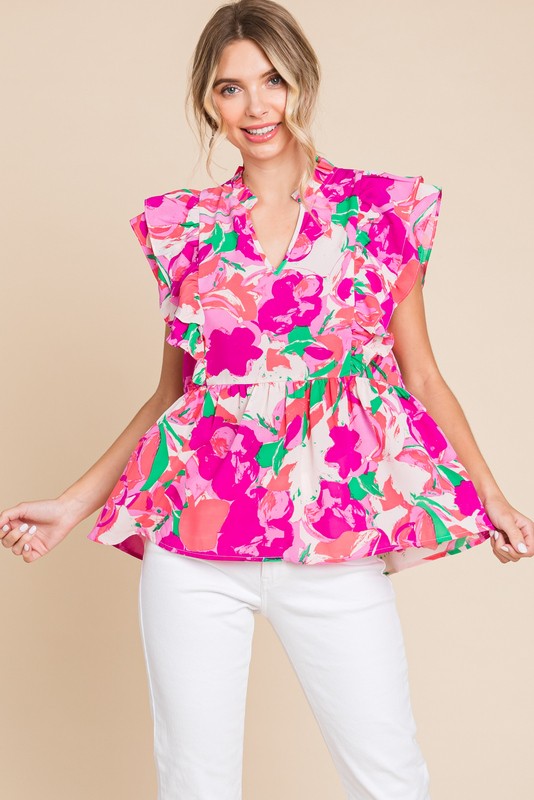 Print Baby Doll Top With Ruffle