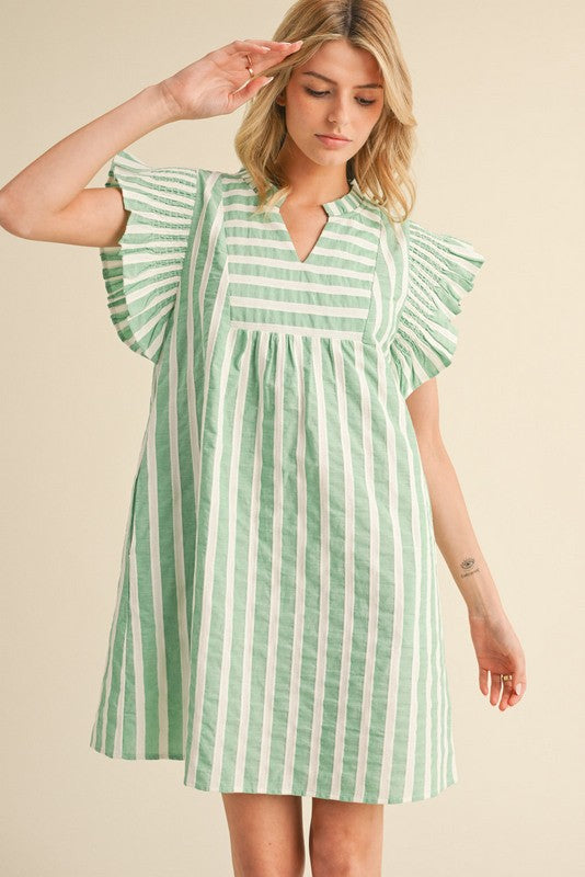 Mint Stripe Ruffle Sleeve Dress