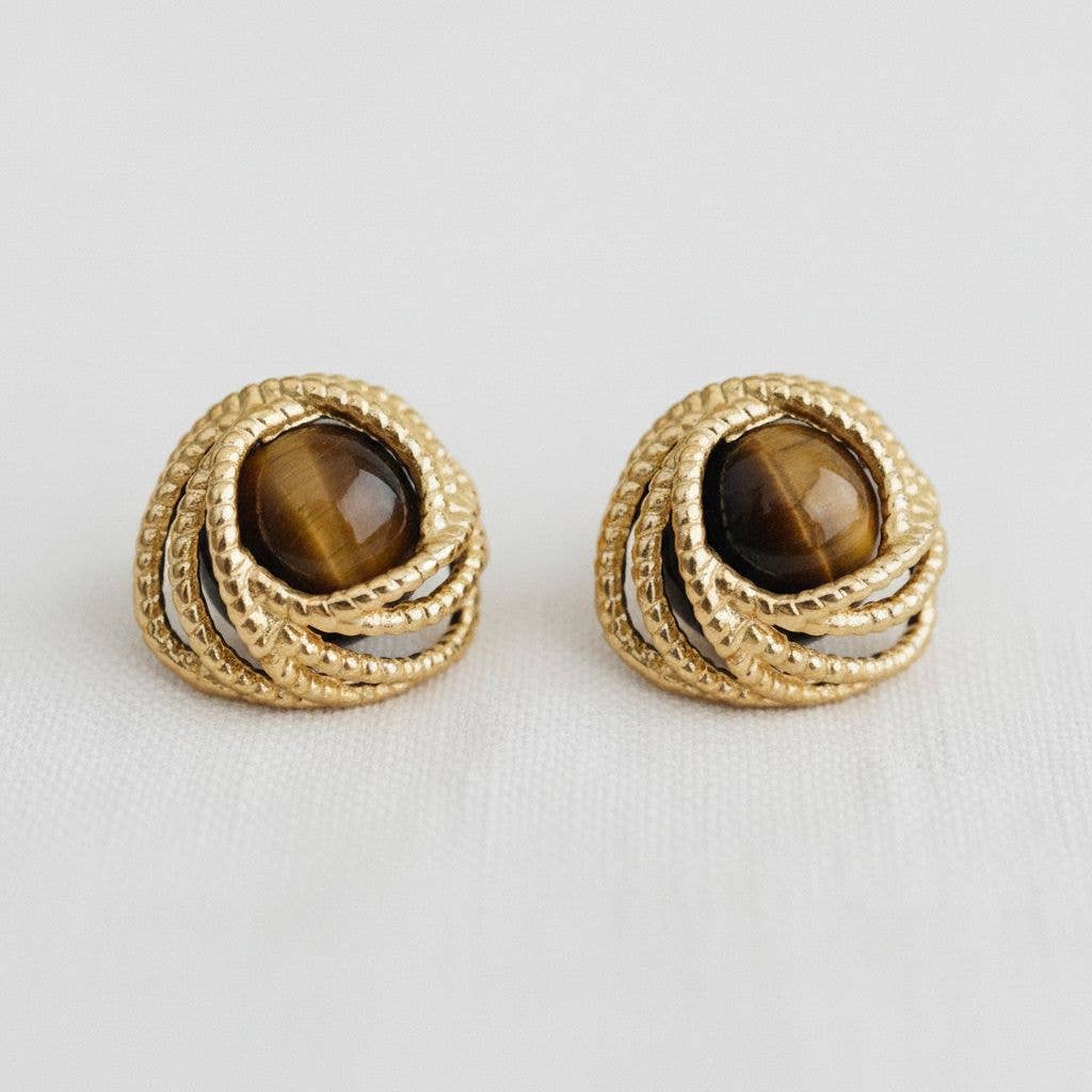 Geometric Tiger Eye Stone Drop Earrings