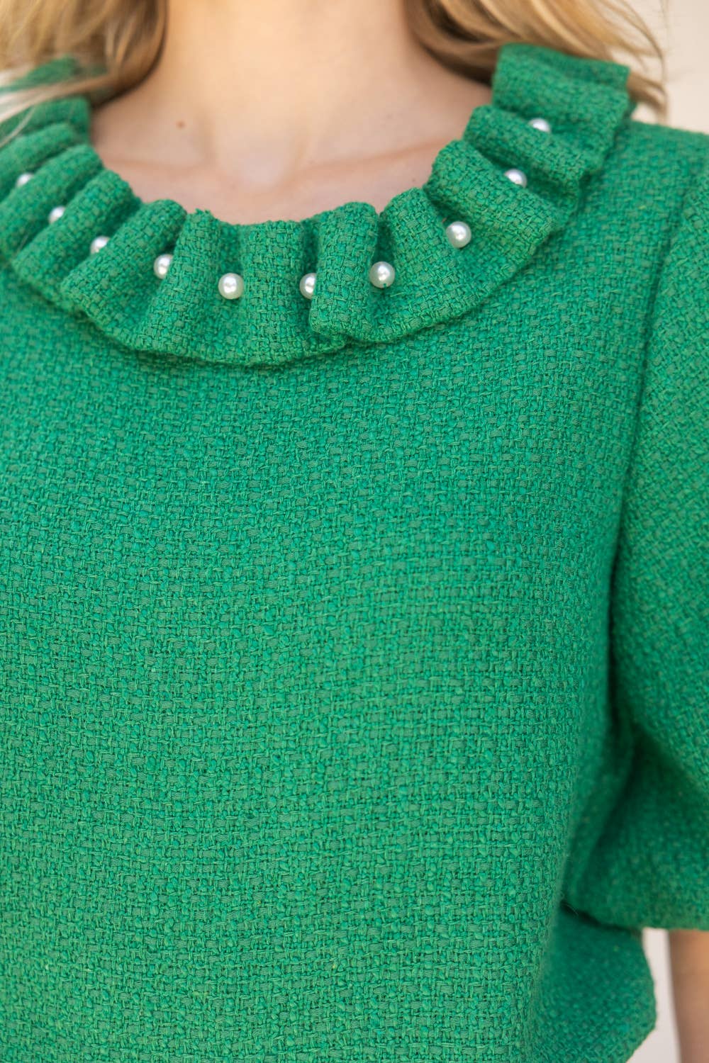 Pearled Ruffle Neckline Top