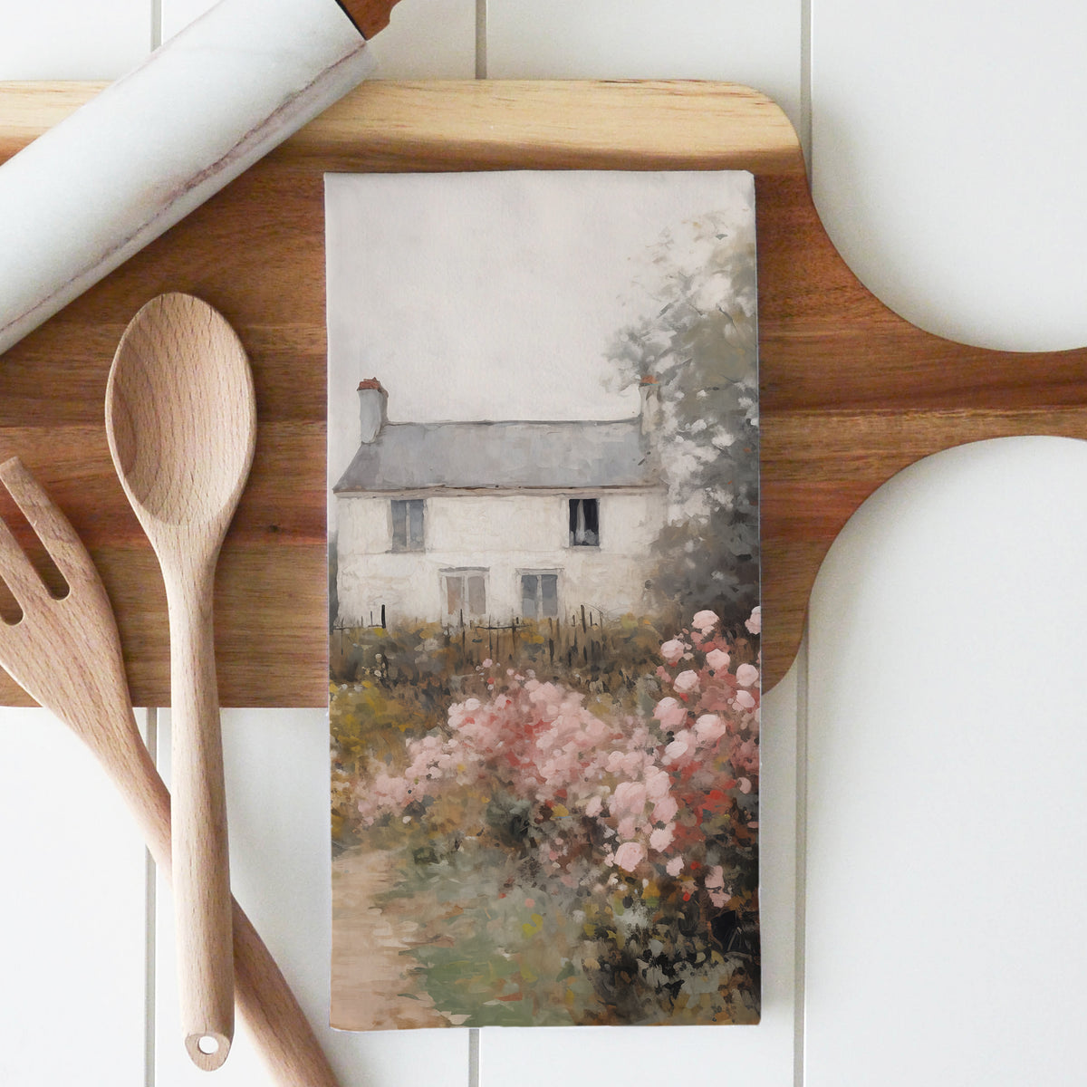Vintage Landscape Spring House Tea Towel: Natural • Cotton/Linen Blend