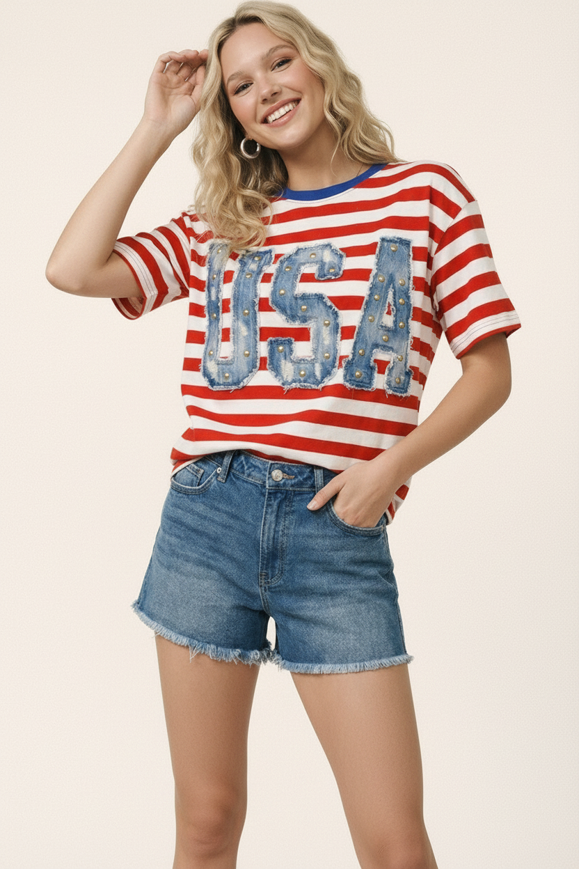 4th of July Oversized Americana-style tee: RED, L