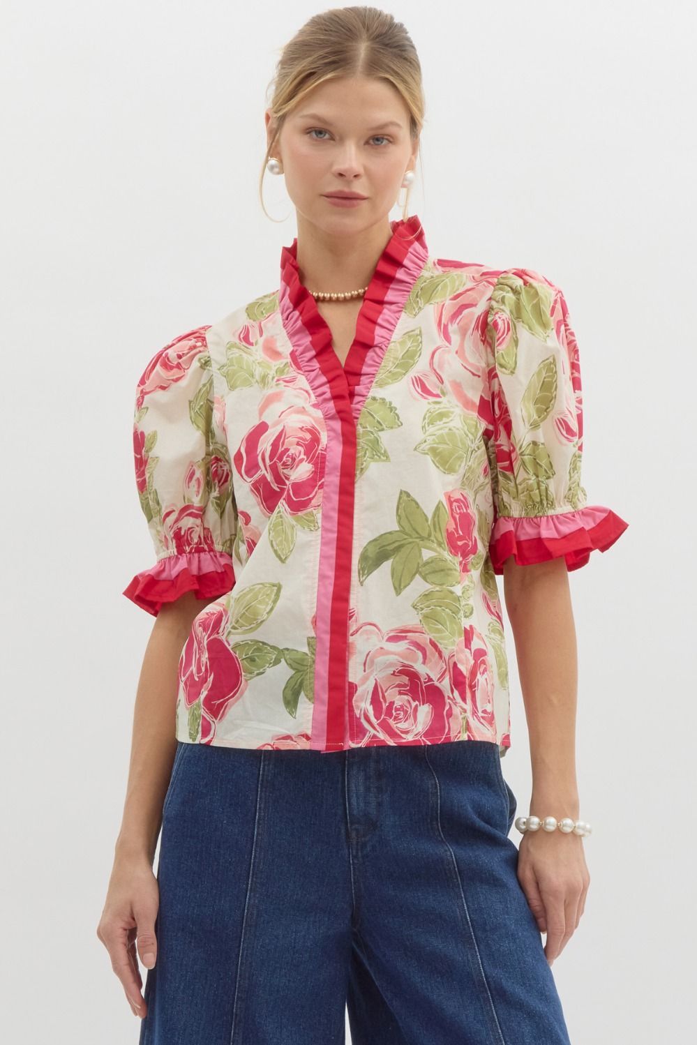 Cream pink Floral print with accented ruffle Top