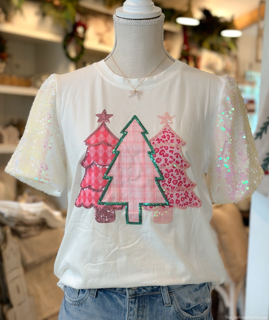 Festive Forest on White Sequin Sleeve Top