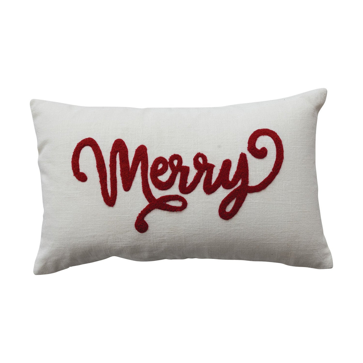 Cotton Lumbar Pillow with Embroidered "Merry", Natural & Red
