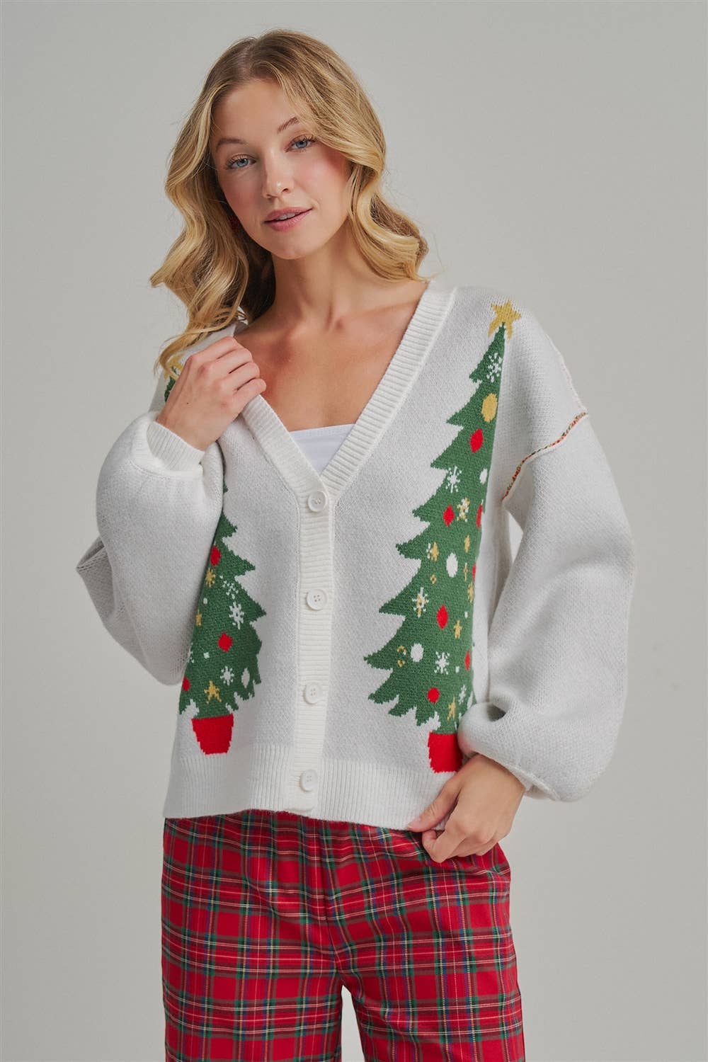 BIG CHRISTMAS TREE HOLIDAY BUTTON DOWN SWEATER CARDIGAN: OFF WHITE, S-M-L(2-2-2)