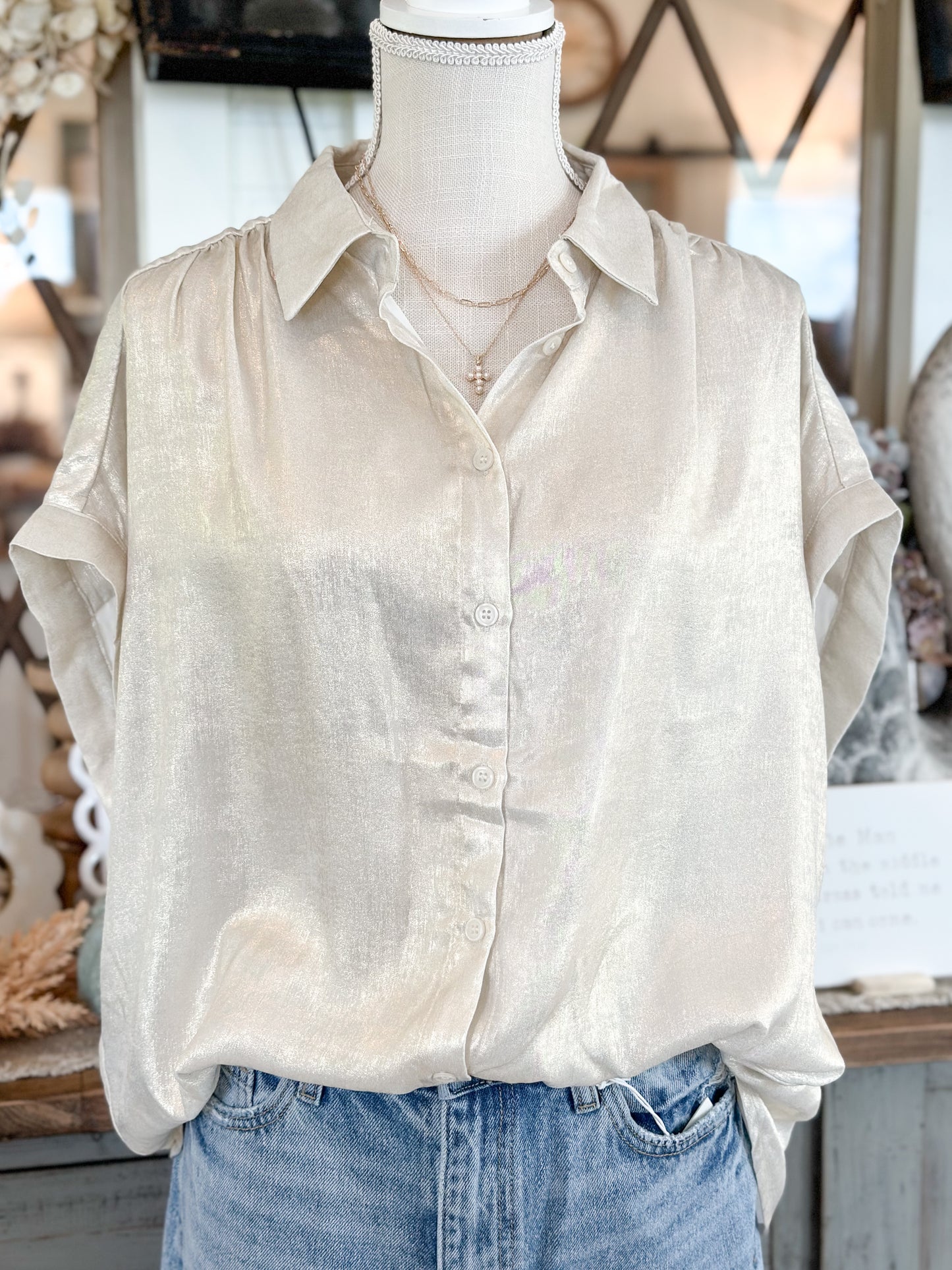 Metallic Collared Button Up Top