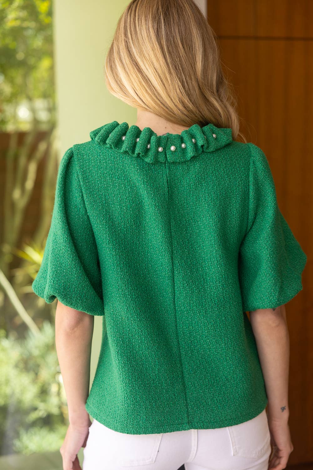 Pearled Ruffle Neckline Top