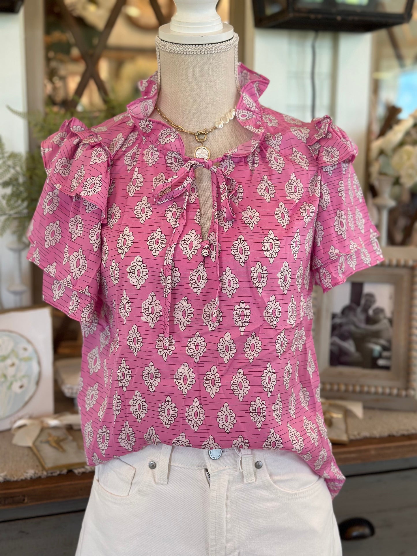 Pink Floral Ruffled Split Neck Short Sleeve Blouse
