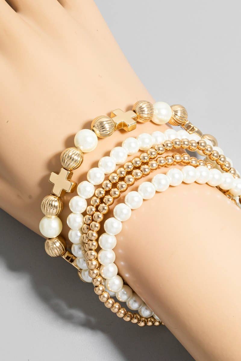 Pearl & Metallic Cross Charms Bracelet Set