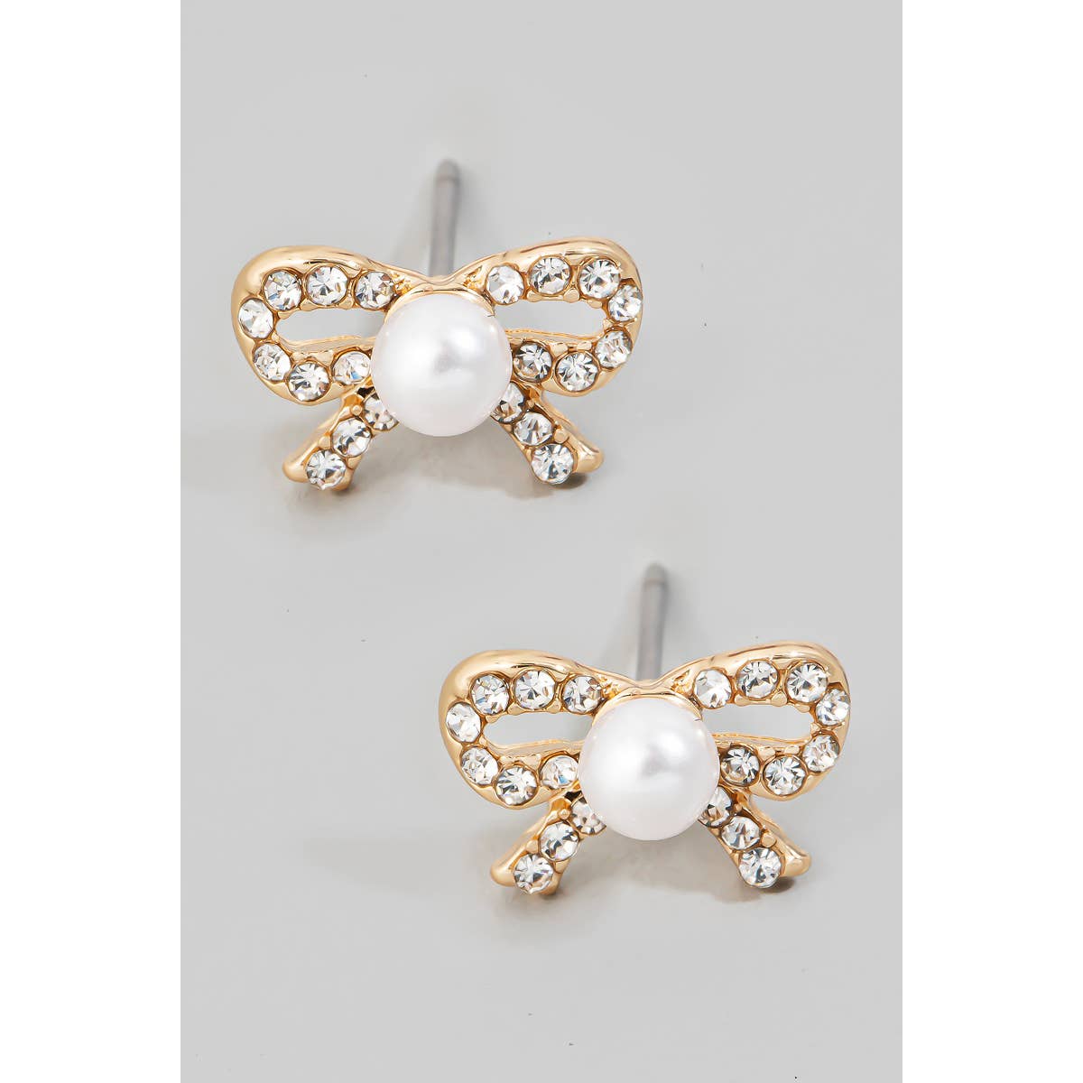 Pearl And Rhinestone Studded Ribbon Bow Stud Earrings: GD