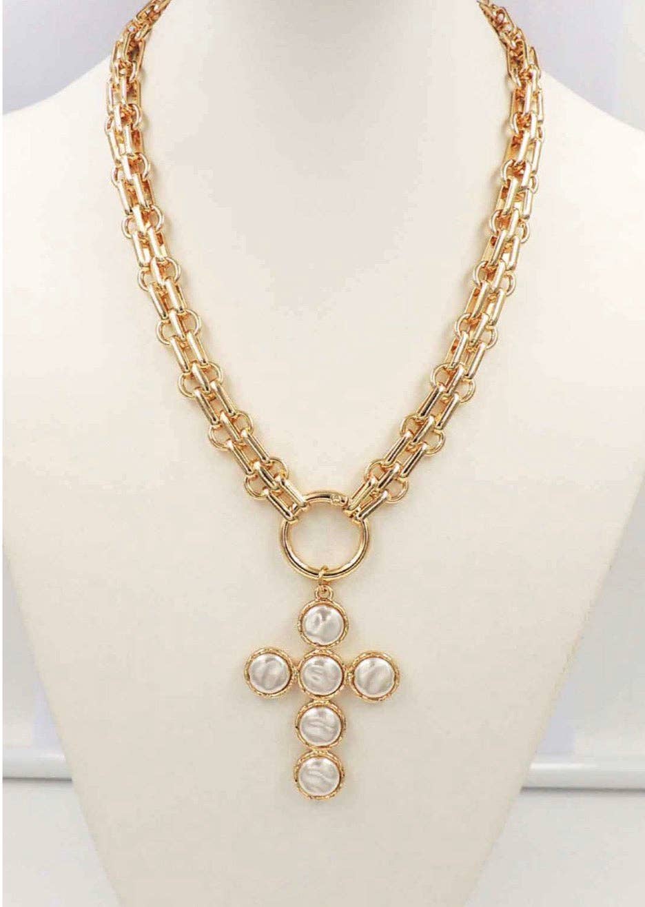 Gold Chain with Freshwater Pearl Cross 16"-18" Necklace
