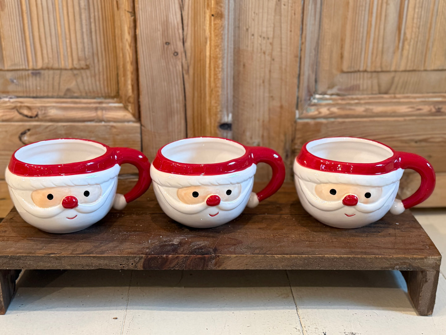 SET OF 3 Hand-Painted Stoneware Santa Mug w/ Hat Handles