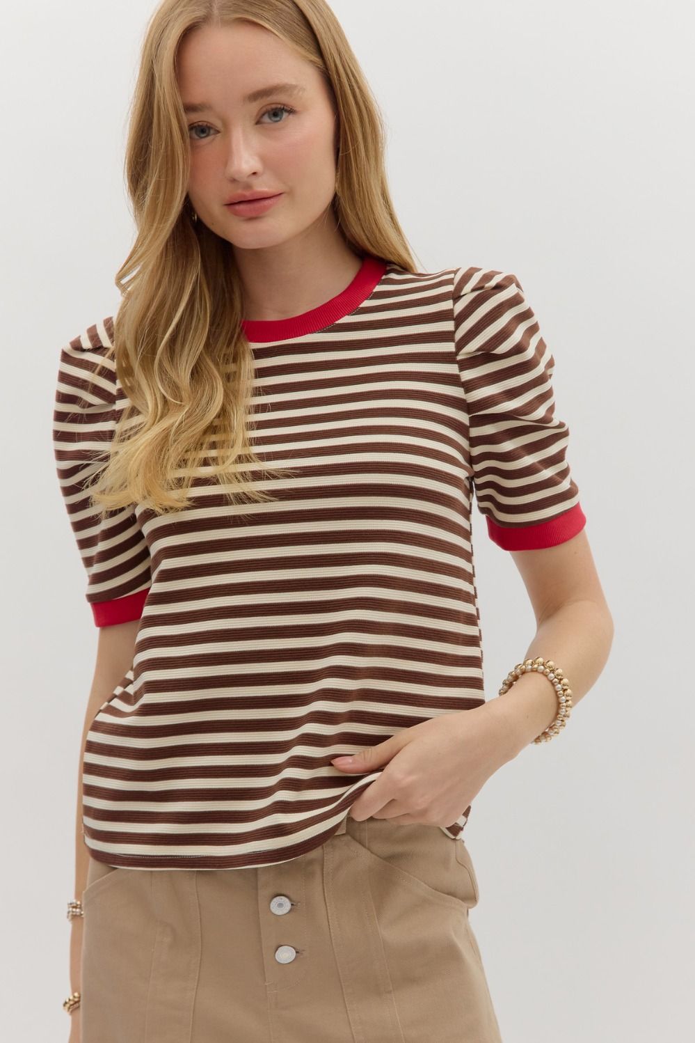 Cocoa Pop Stripe Puff Sleeve Top