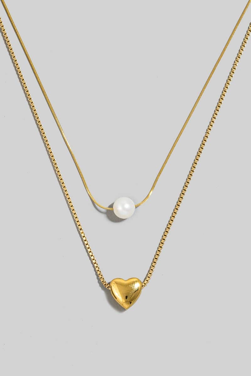 Stainless Steel Heart And Pearl Charm Layered Chain Necklace