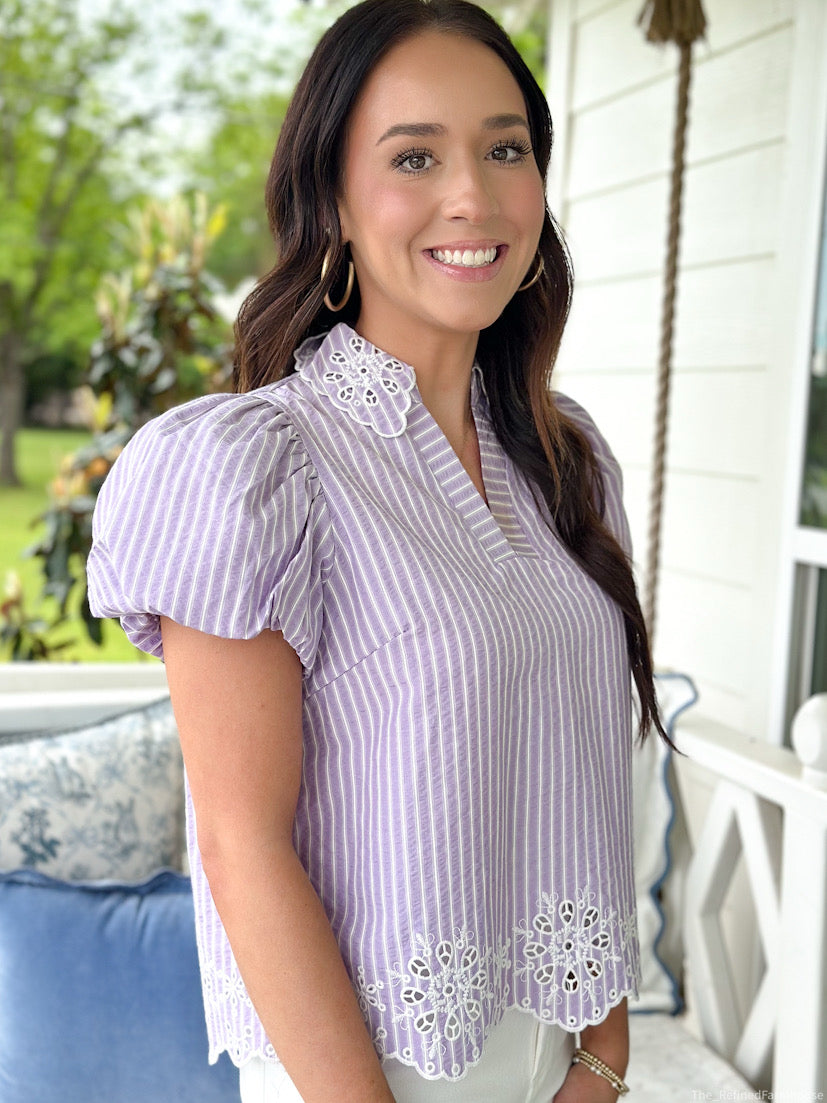 Lavender Pinstripe Embroidered Top