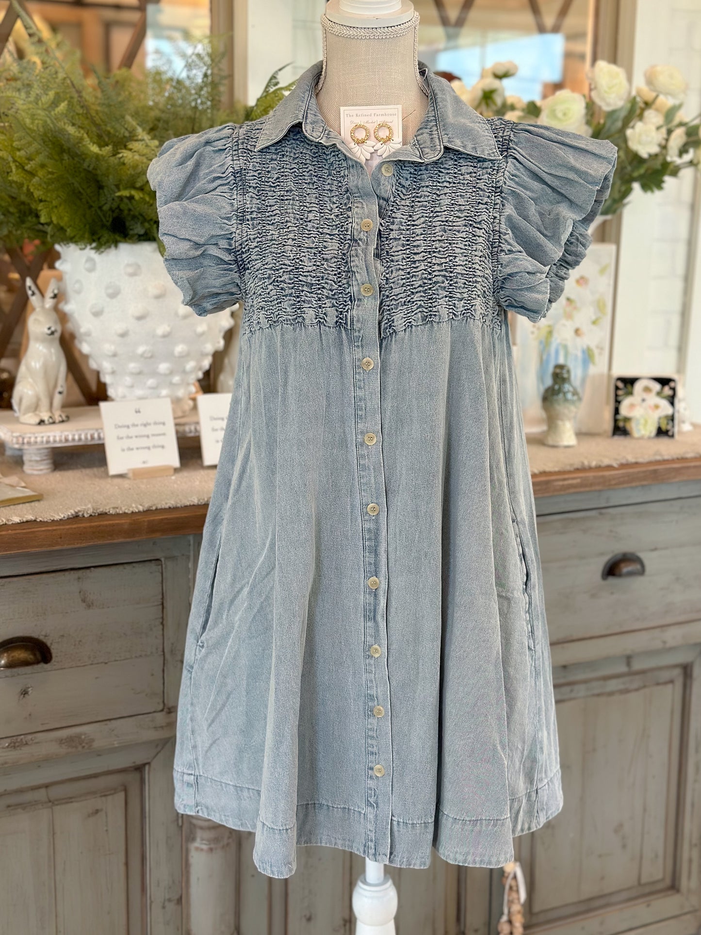 Light denim smocked top puff sleeve