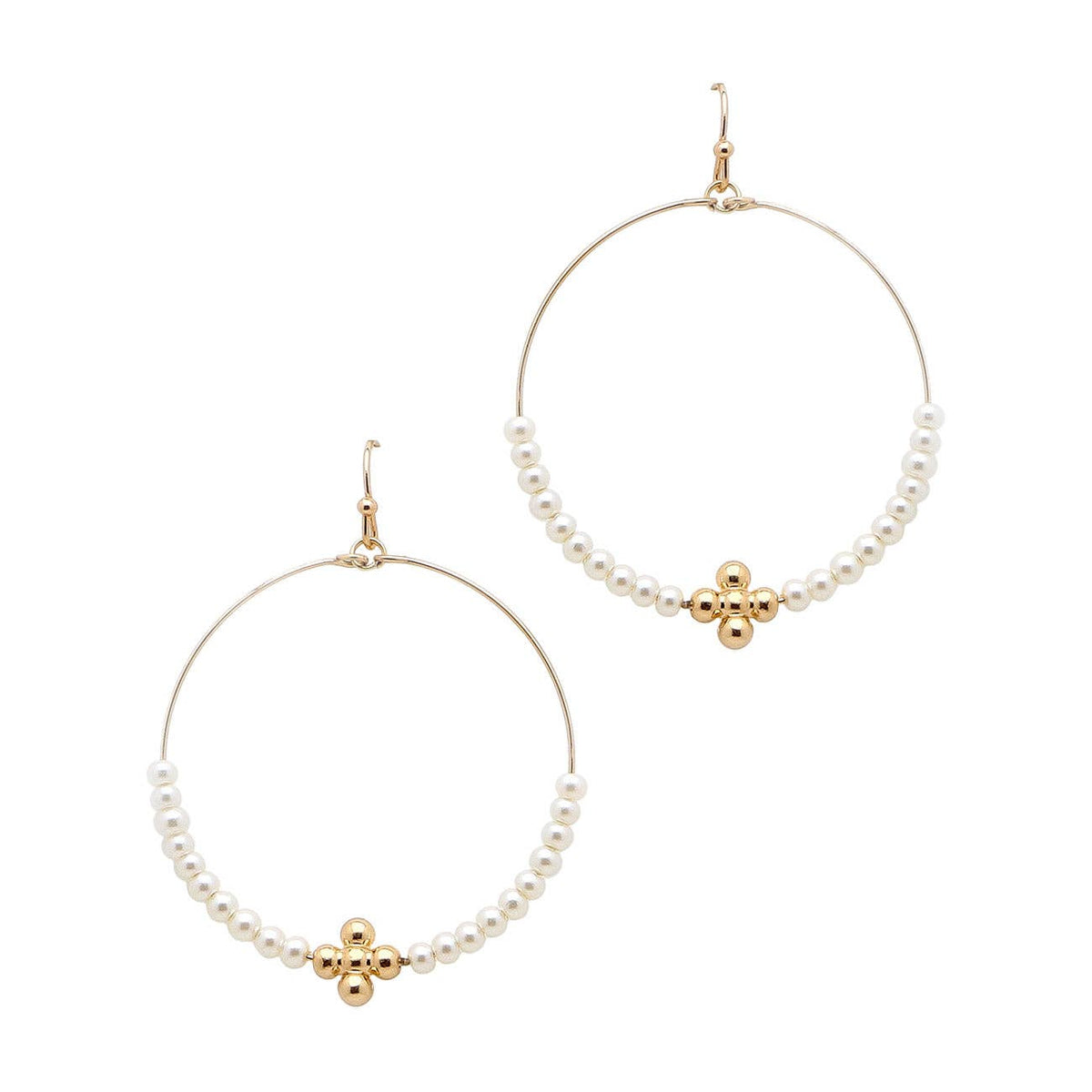 Pearl and Gold Beaded Cross Hoop 2" Earring