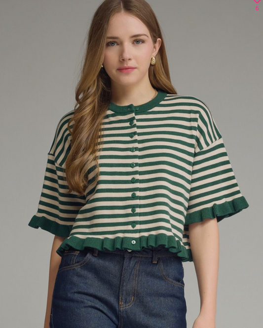 Evergreen Stripe Ruffle Cardigan Top