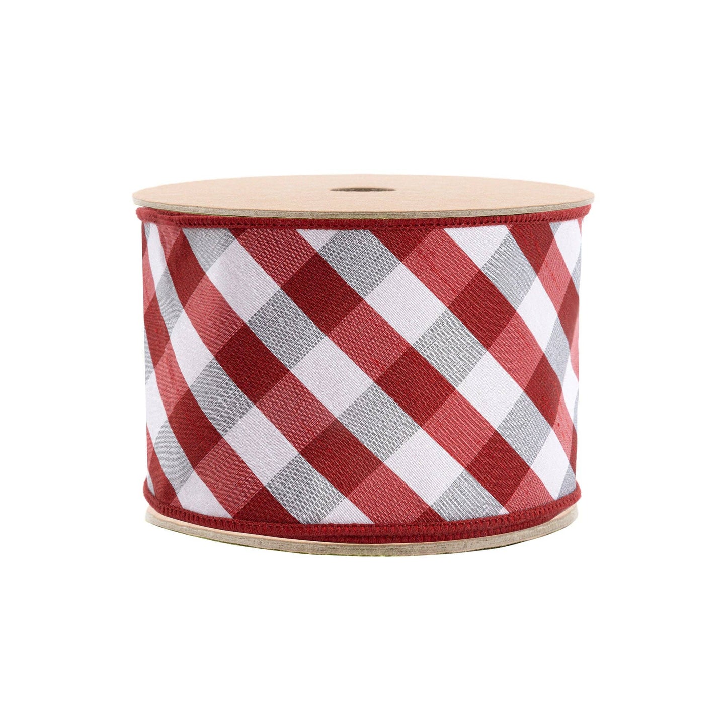 4" Red/White Bias Check Wired Ribbon with Dupioni Backing 10yd