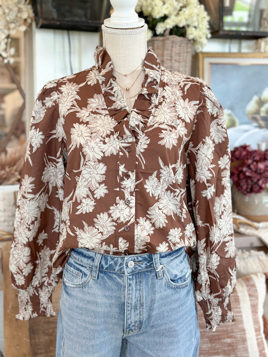 Brown Floral Print Ruffle Neck Long Sleeve Top