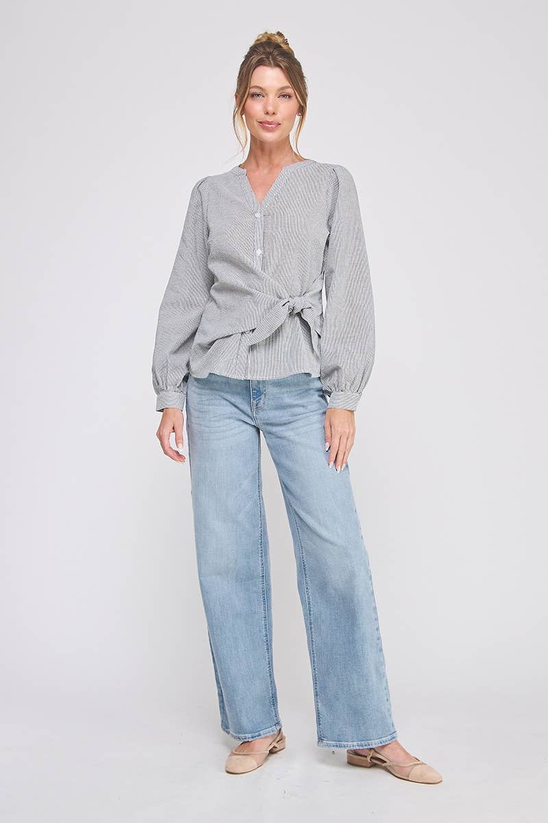 Striped cotton blend side wrap-tie button up blouse: NATURAL WHT, M