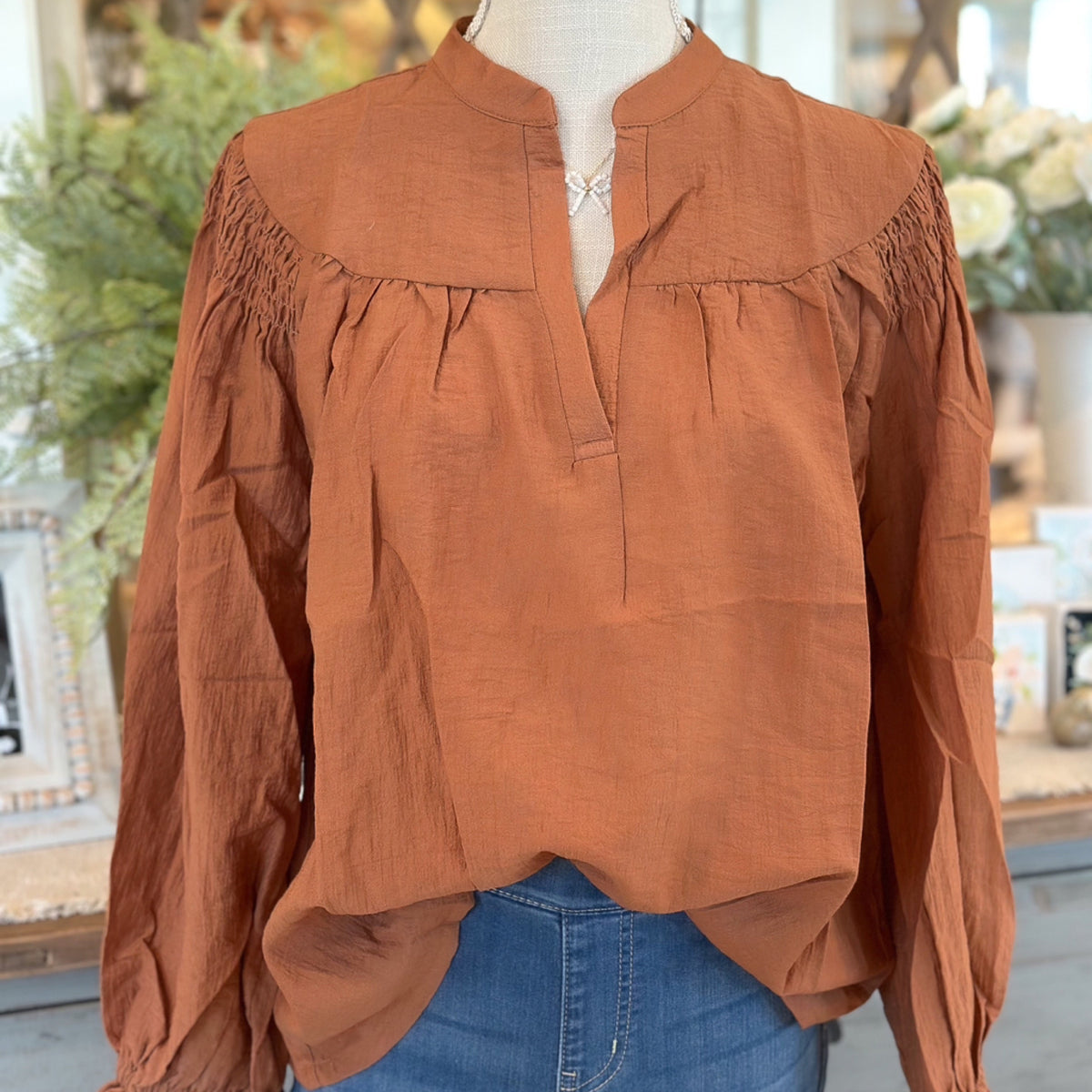 Crinkle Notched Neck Long Sleeve Top - Cinnamon