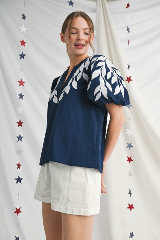 Navy Leaf Embroidered Puffed Sleeves Top