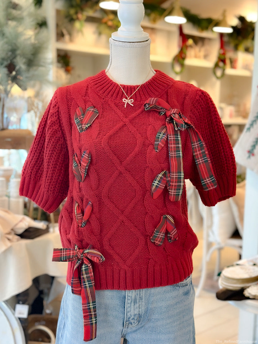 Red/Plaid Solid short sleeve cable knit sweater