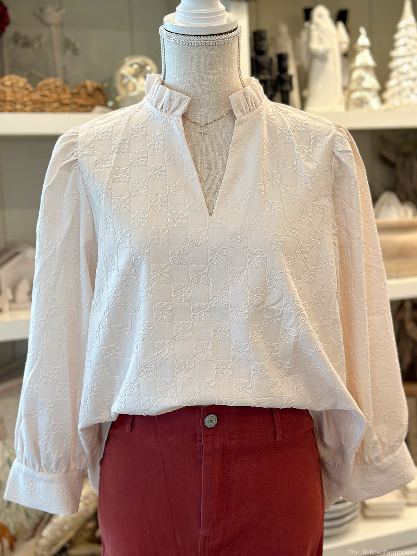 Ecru 3/4 sleeve Ruffle Neck Top