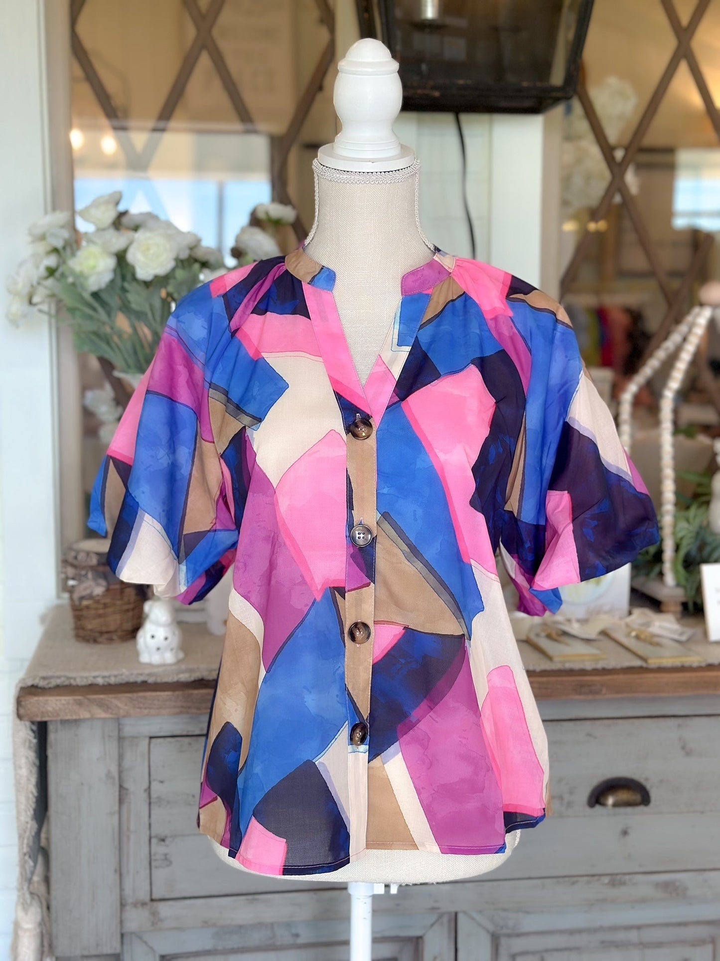 Puff Sleeve Button Up Abstract Print Top