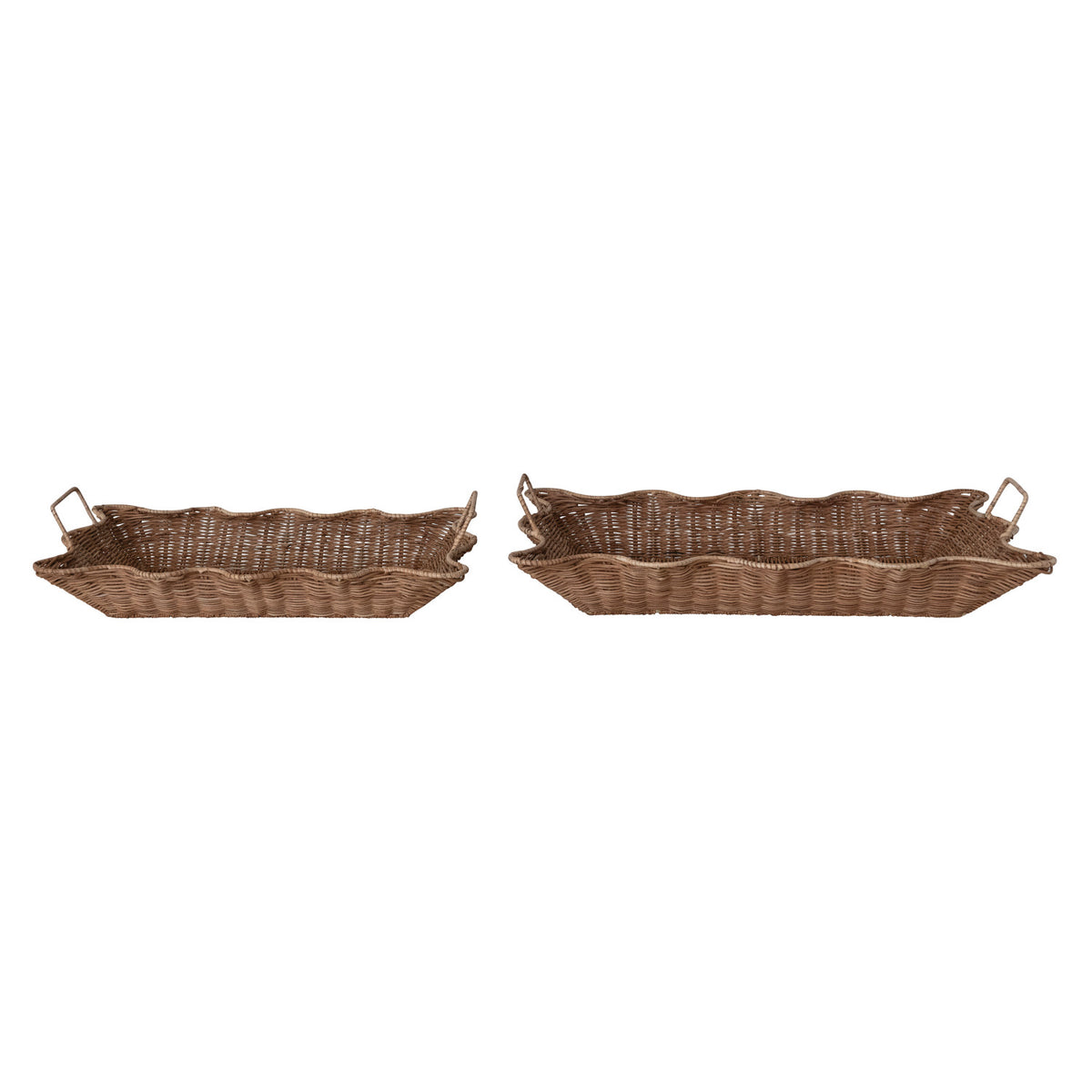 Decorative Hand-Woven Rattan Scalloped Nesting Trays with Handles, Natural, 2 Sizes