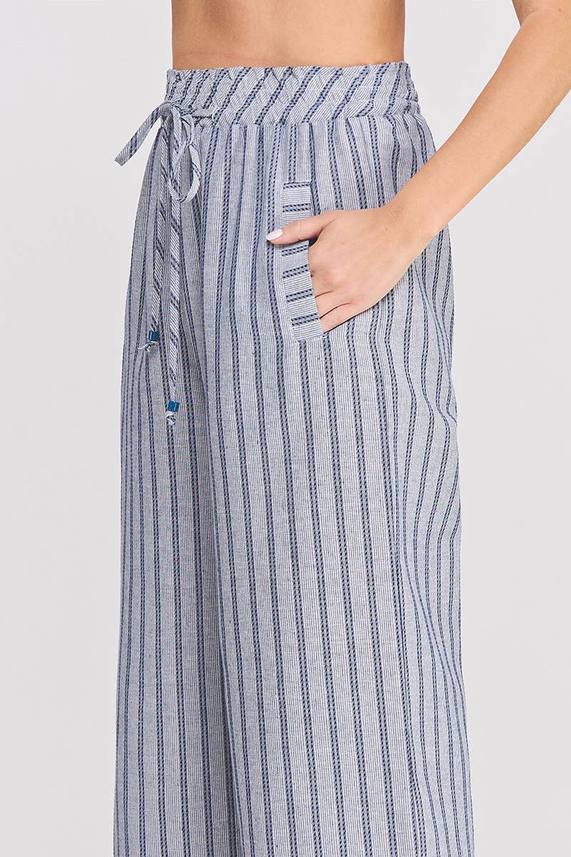 Striped Woven Smock Tie Waist Wide Leg Pants: Sand, S