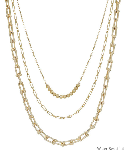 Water Resistant Gold Triple Layered Beaded and Gold Chain 16"-18" Necklace