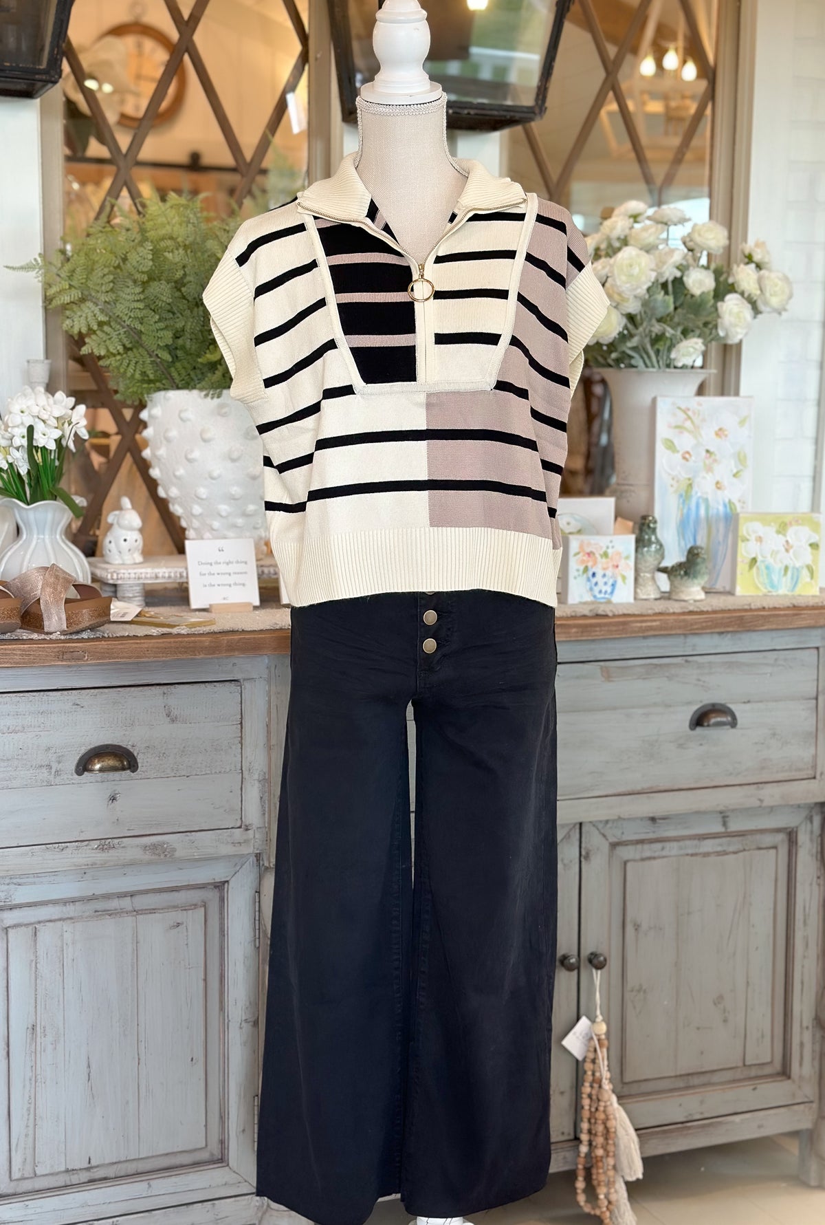 Cream/black multi color block Top