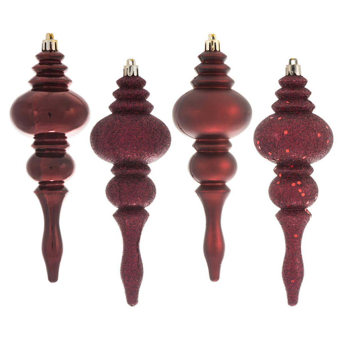 Vickerman 7" Burgundy 4-Finish Finial Ornament, 8 per Box: Burgundy, Plastic, 7"