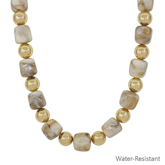 Water Resistant Gold and Natural 14MM Beaded 16"-18" Necklace